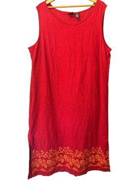 Erika Red LINEN Blend Dress Maxi Boho Beaded Embroidered Hem Womens Sz 2X No Slv